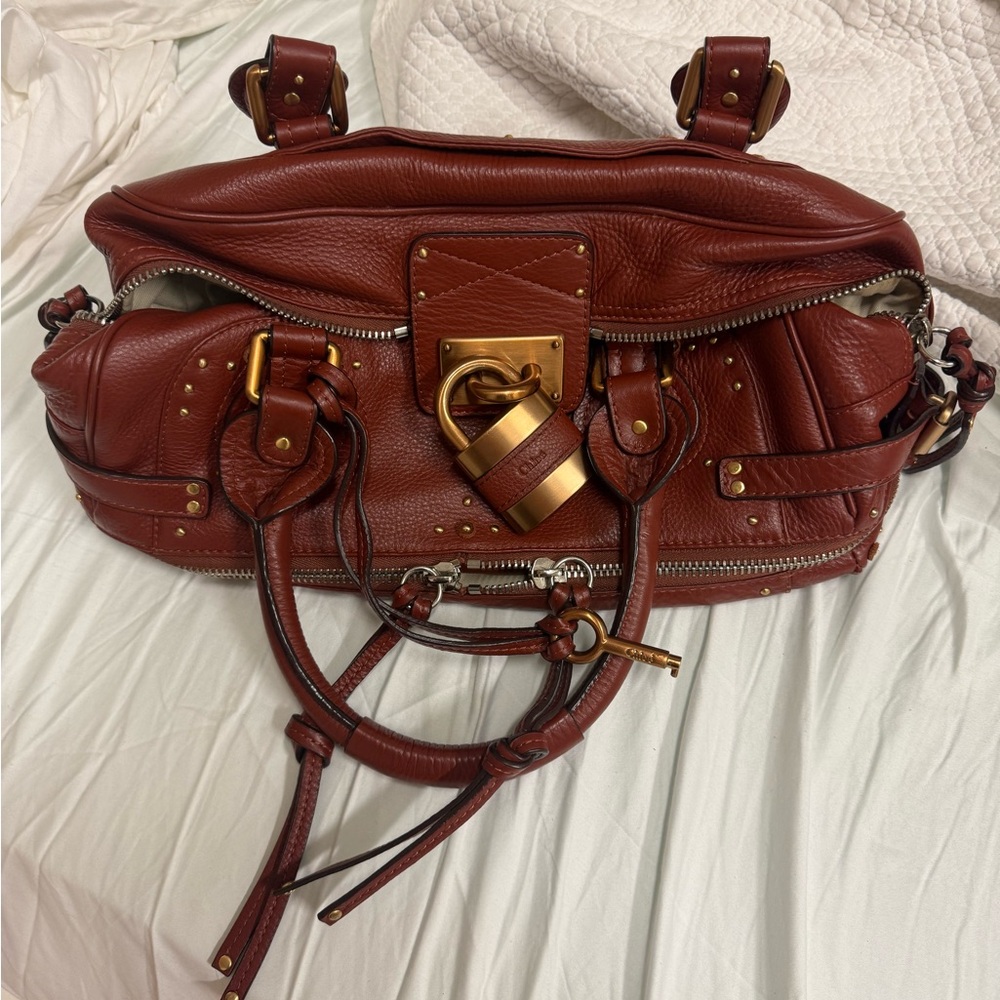 Chloe Red Leather Shoulder Bag with Gold Accents